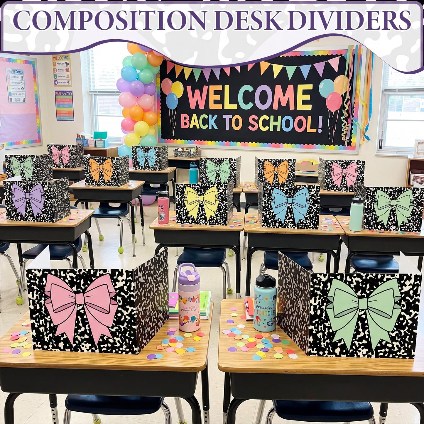 Poola Voidra 24 Pcs Composition Desk Dividers for Students Cardboard Privacy Folders Testing Privacy Classroom Boards for Desk Back to School Teacher Office Study Supplies (Pastel Bow)