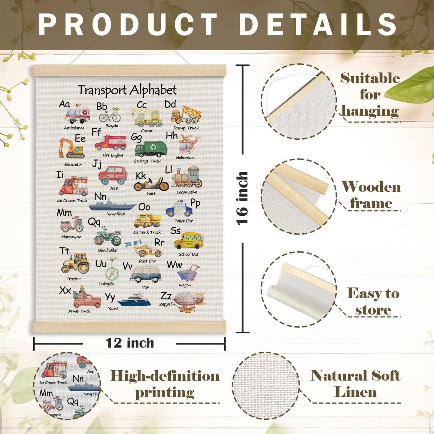 MOTERMATE Transport Abc Alphabet Wall Art Poster Chart, Playroom Decor, Learning Educational Canvas Poster Hanger Frame for Toddlers Classroom, Alphabet Car Themed Wall Hanging Banner Decor, 12x16Inch