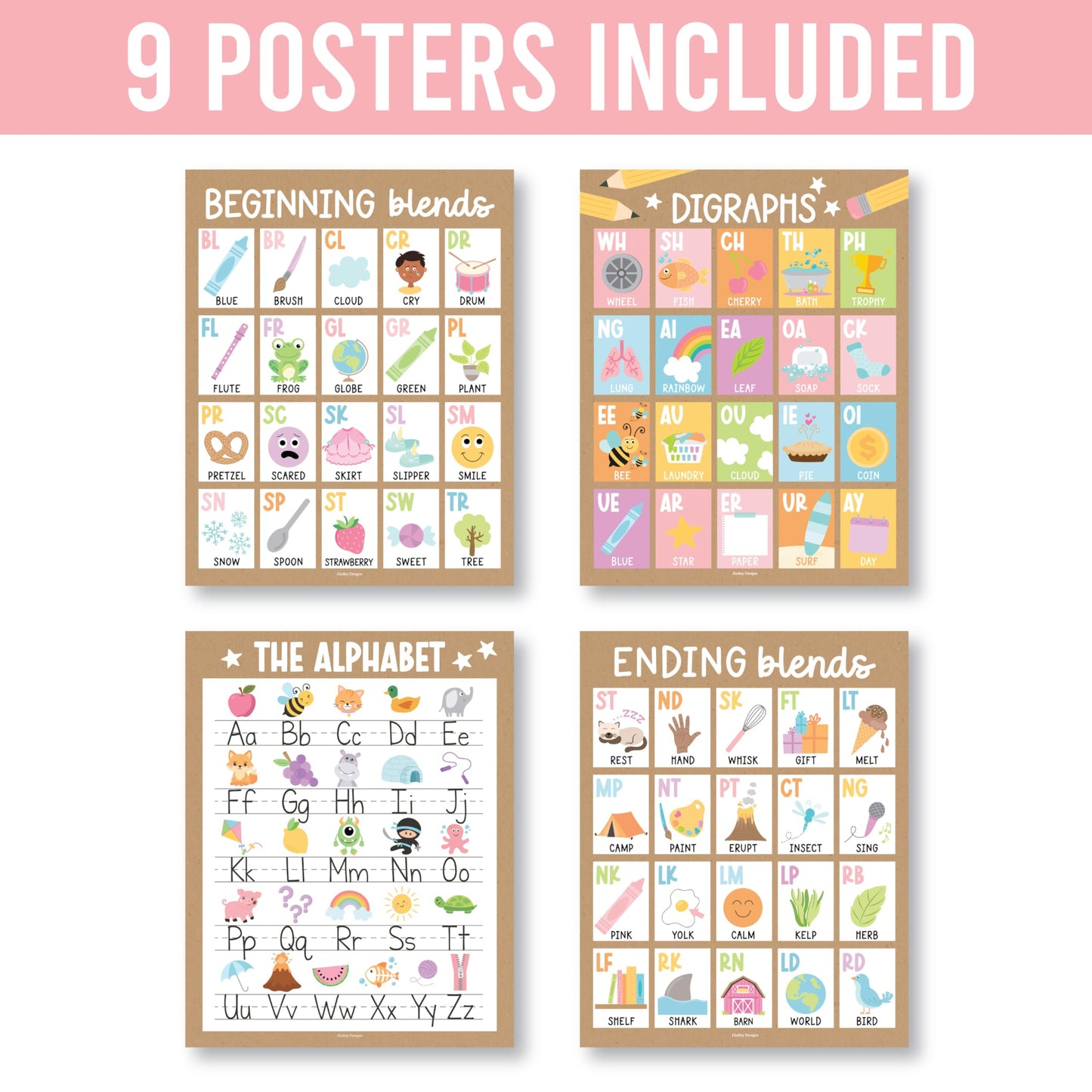 Hadley Designs Phonics Posters for Classroom Must Haves - 9 Sound Wall for Kindergarten & Elementary Teacher Supplies, Syllable, Vowels, Digraphs & Blends Bulletin Board Set, Kraft Classrom Decor