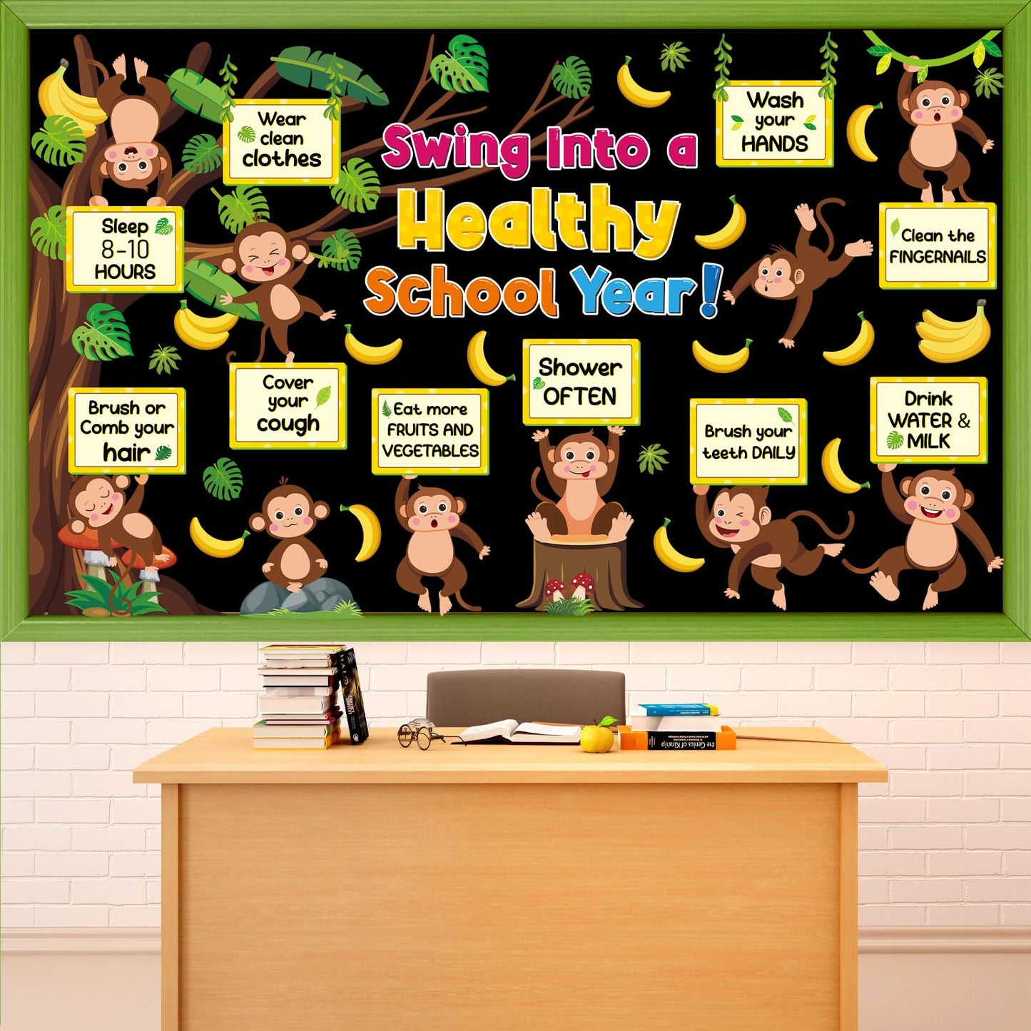 gisgfim Monkey Health Bulletin Board Set Healthy Habits Classroom Decoration Jungle Animal Paper Cutouts for Back to School Swing Into a Healthy School Year Tree Wall Chalkboard Decor Teacher Supply