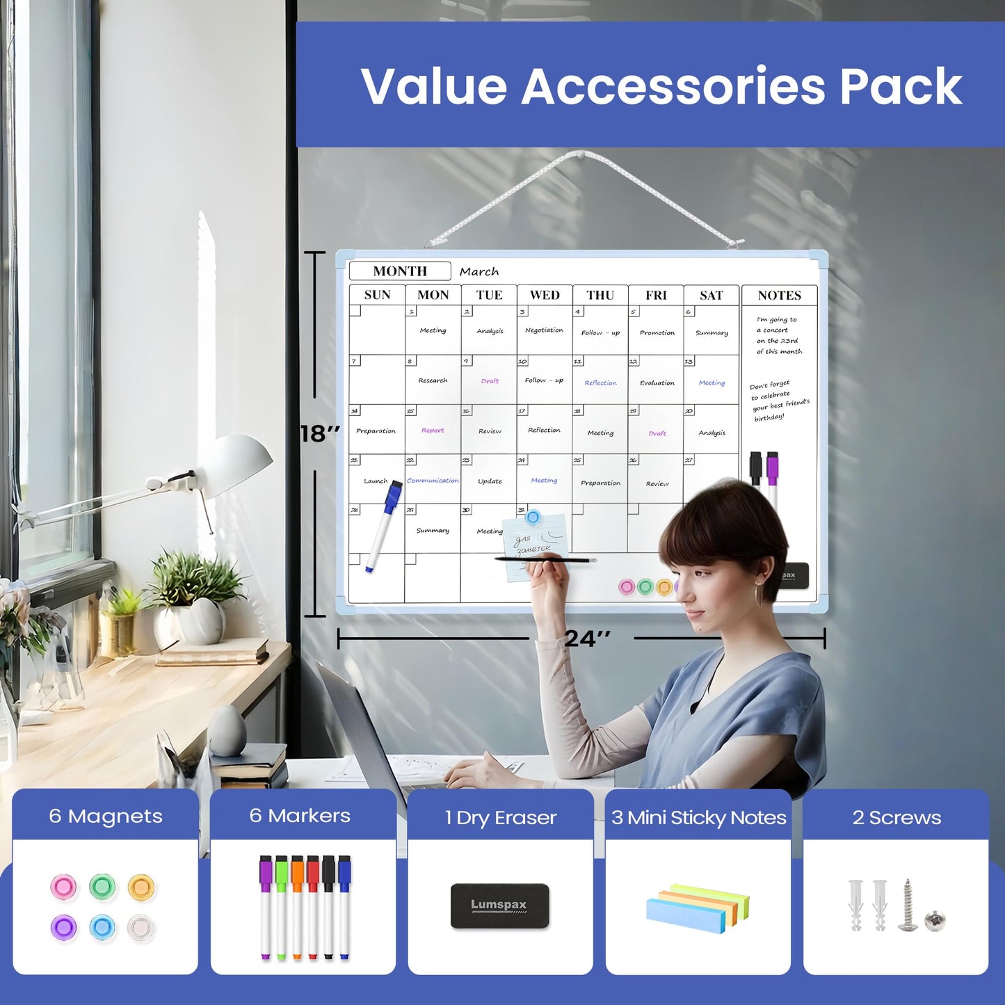 Lumspax Monthly Whiteboard Calendar for Wall, 24" x 18" Dry Erase Board with Plastic Frame, Hanging Dry Erase Calendar with 3 Mini Sticky Notes for Kitchen Planner, Memo, Home and Office, Blue