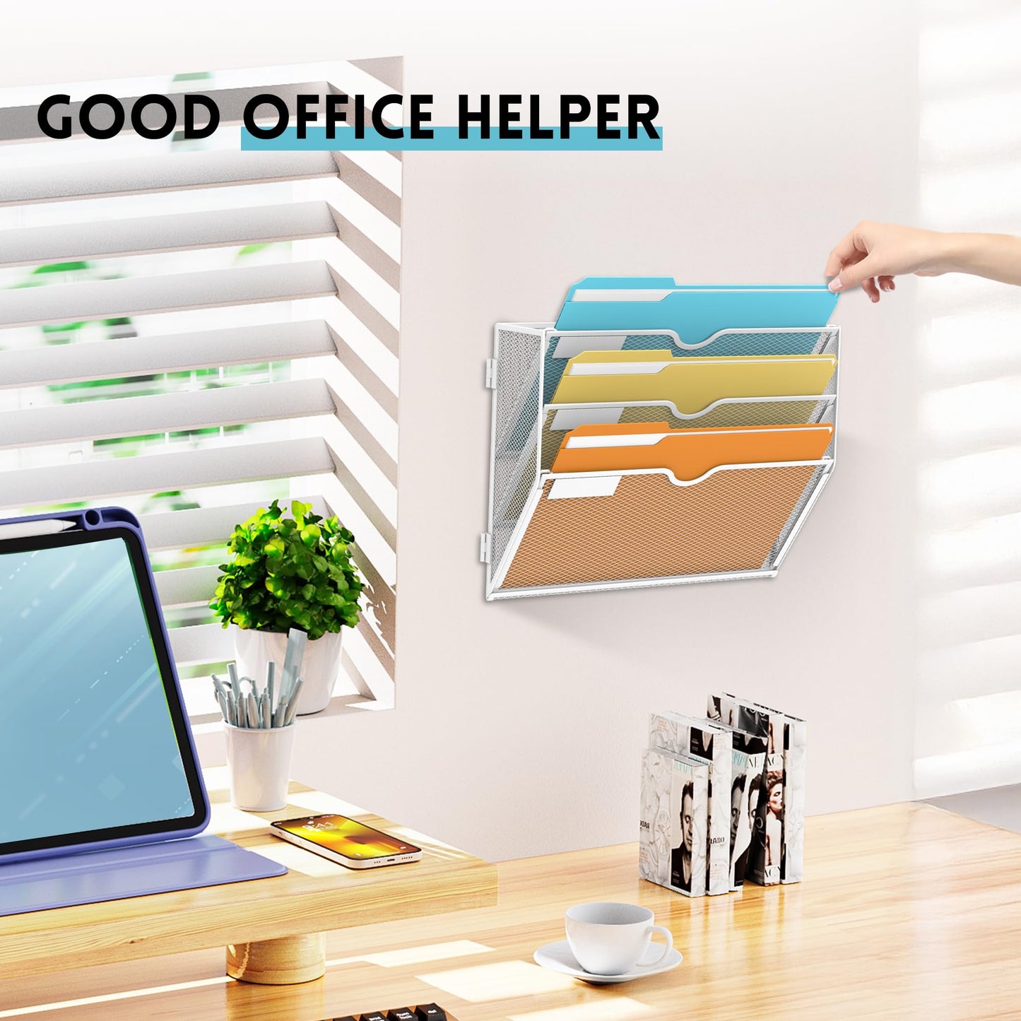 SUPEASY 3-Tier Wall File Organizer, Hanging Wall Mounted Mail Organizer with Label Slots, Metal Mesh File Holder Magazine Rack for Office, Home, School or Classroom, White