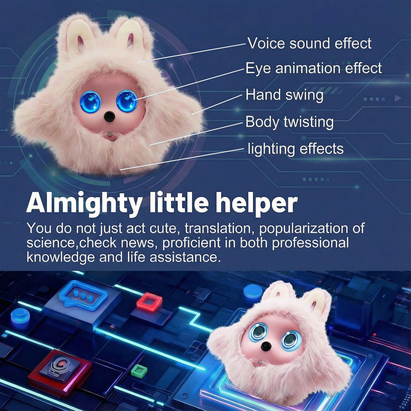 Funio AI Smart Robotic Pet, Cute Emotional Companion Robot with Multimodal Interaction, Replaceable Fluffy Cover, Voice Conversation, Touch Sensing, LCD Screen, Suitable for Home & Office