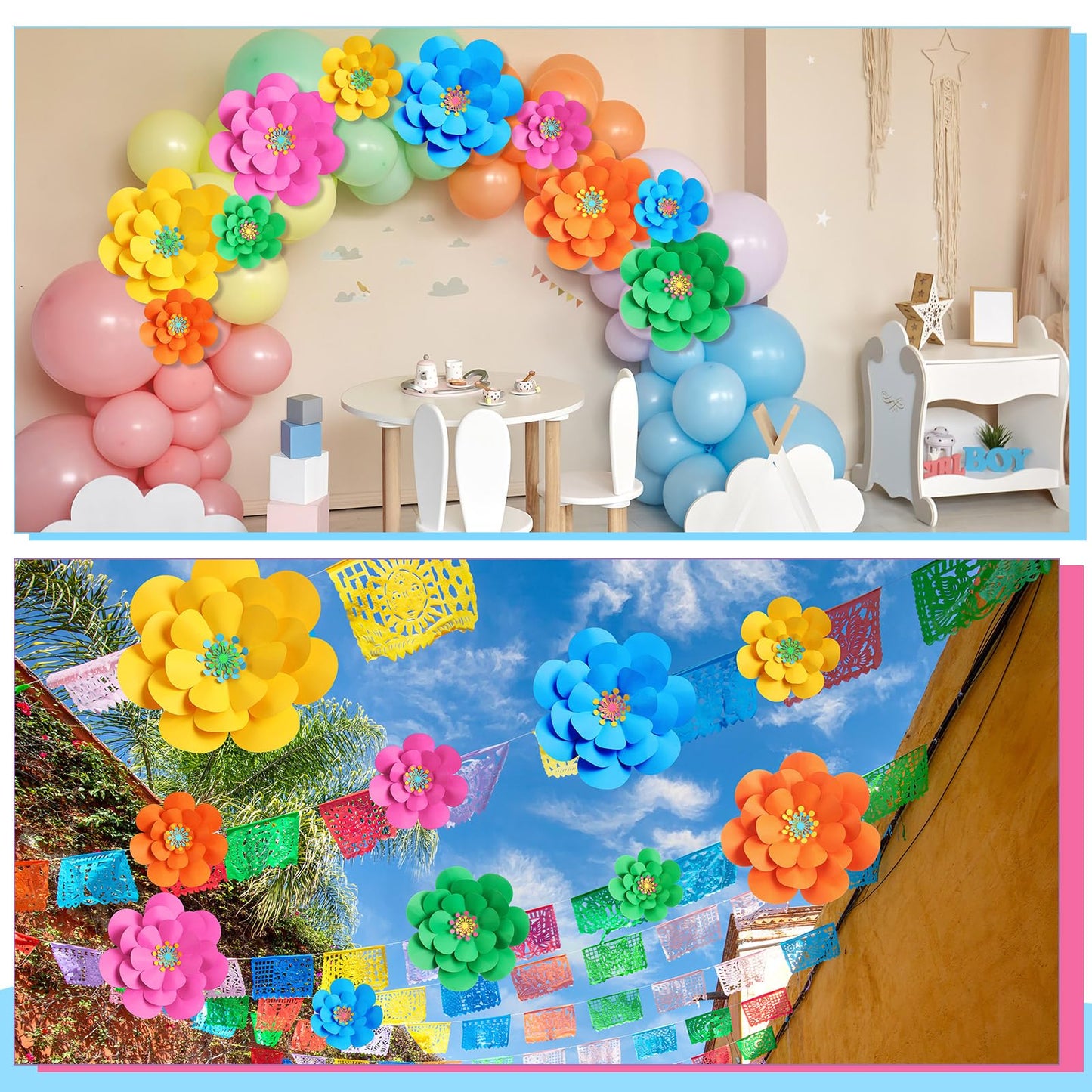 Mooliwe Paper Flowers Decorations for Wall DIY 3D Paper Bulletin Board Mexican Flowers Backdrop Decoration for Classroom Back to School Holiday Party(Bright,10 Set)