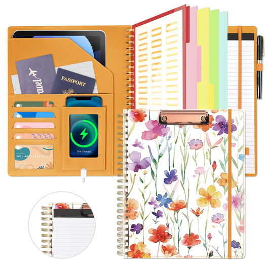 Ospelelf Clipboard with Storage for Women, Leather Padfolio Portfolio Organizer 5 Folders with 10 Pockets, Spiral Clipboard Folio with Notepad for Letter Size, Elastic Closure and Pen Loop Flowers