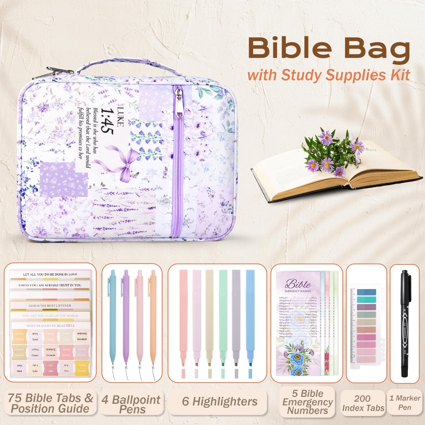 XKDOUS Bible Cover for Women Church Book Holder Canvas Patchwork Carrying Case with Handle, Study Supplies Carrier Portable Bible Bag Journaling Kit Christian Gifts for Mom, Friends