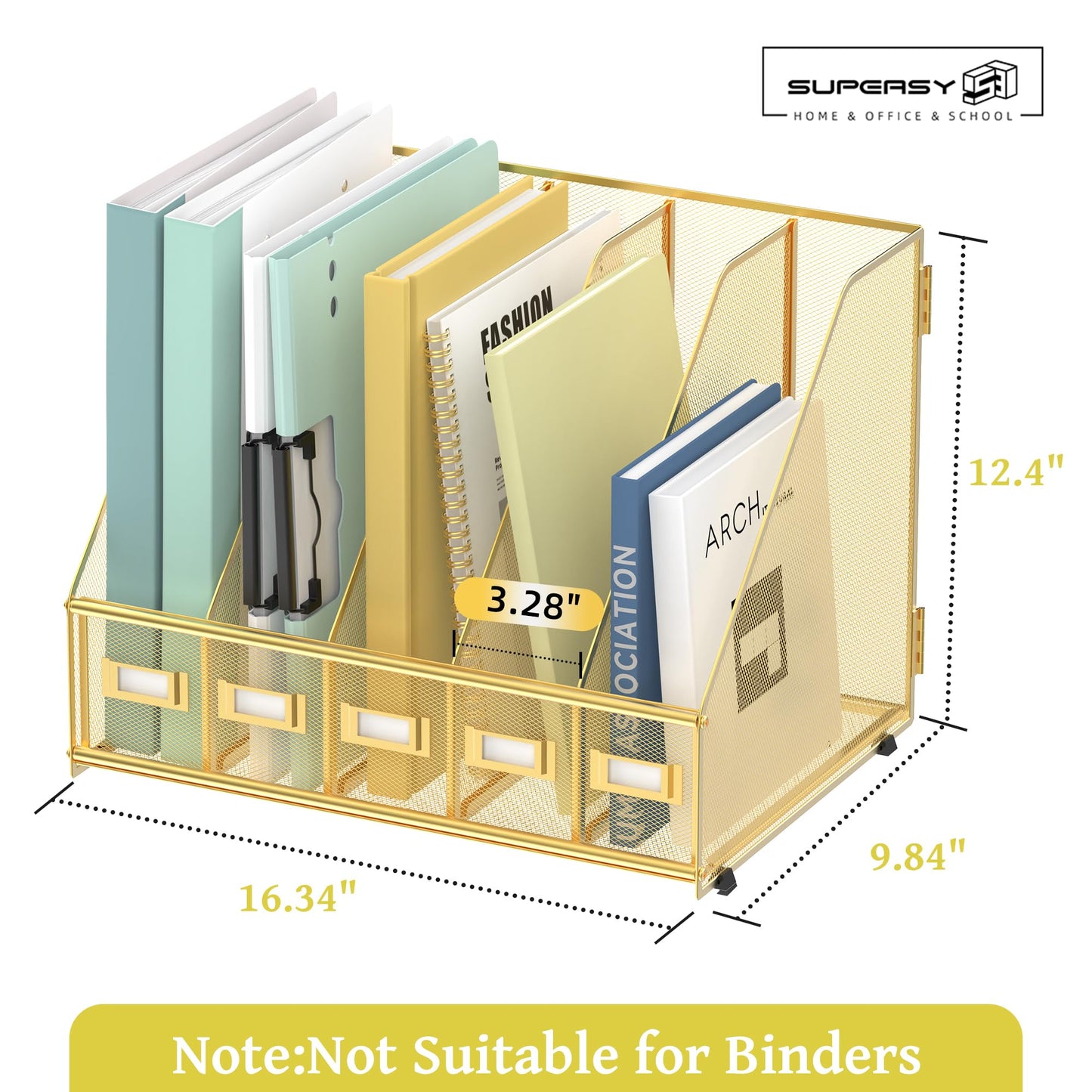 SUPEASY Desk Organizers Metal Desk Magazine File Holder with 5 Vertical Compartments Rack File Organizer for Office Desktop, Classroom, Home Workspace, Gold