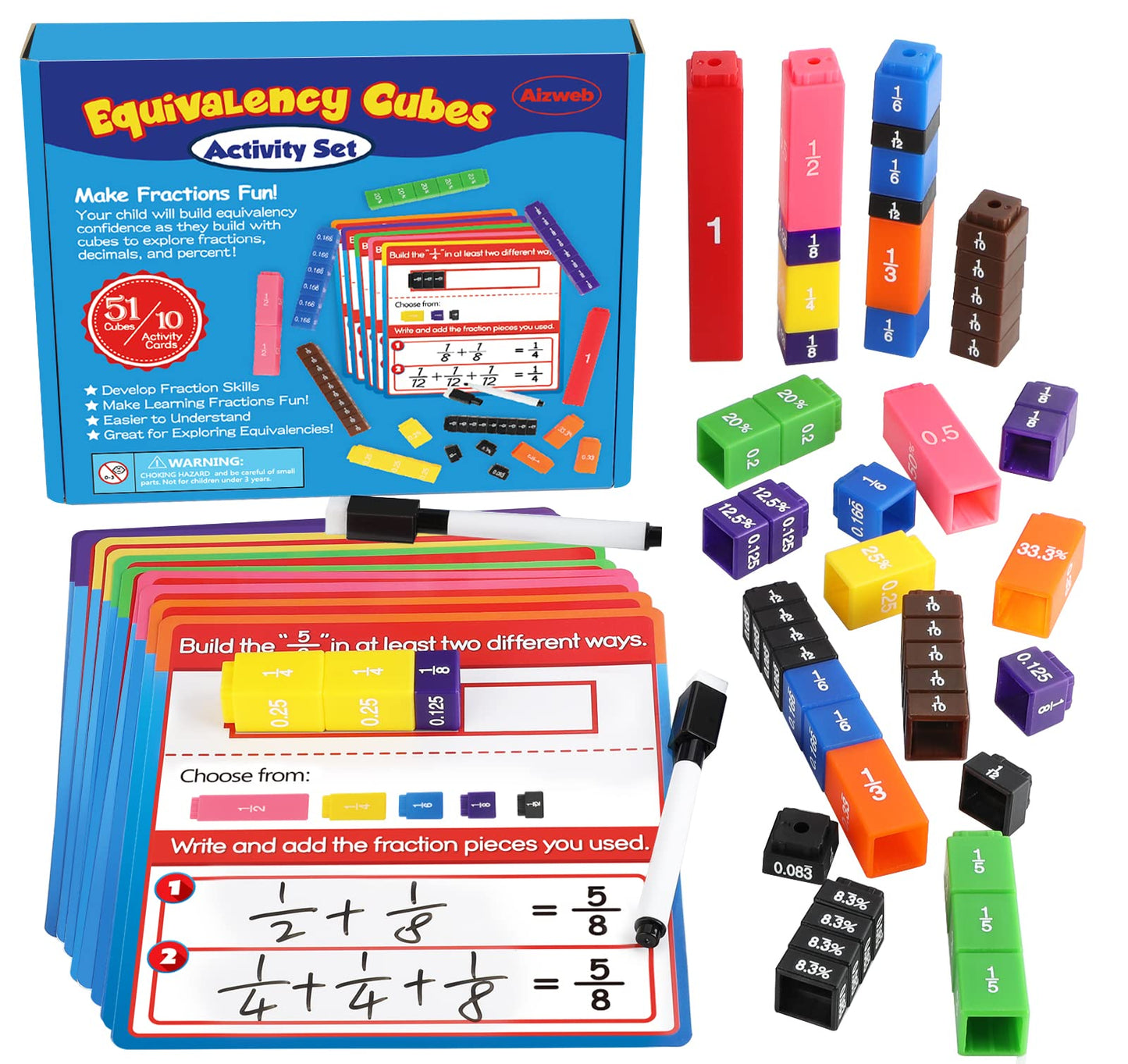 Aizweb Interlocking Fraction Manipulatives Cubes-Fraction Tiles Blocks,Equivalency Percent Decimals Cubes,Math Games Activity for Elementary Kids,Fraction Learning Tools Homeschool Classroom Supplies