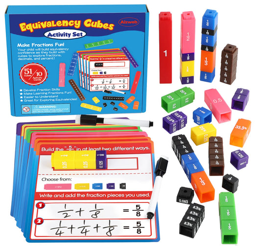 Aizweb Interlocking Fraction Manipulatives Cubes-Fraction Tiles Blocks,Equivalency Percent Decimals Cubes,Math Games Activity for Elementary Kids,Fraction Learning Tools Homeschool Classroom Supplies