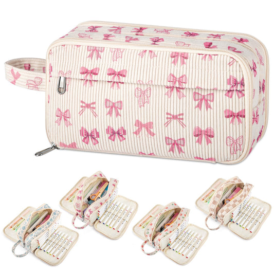 ARUICO Cute Corduroy Pencil Case Pouch with Convenient Handle,Extra Large 4 Compartments Multiple Pockets Markers Crayons Storage Organizer,Stylish Pen Case for Teen Girls College (Bow)