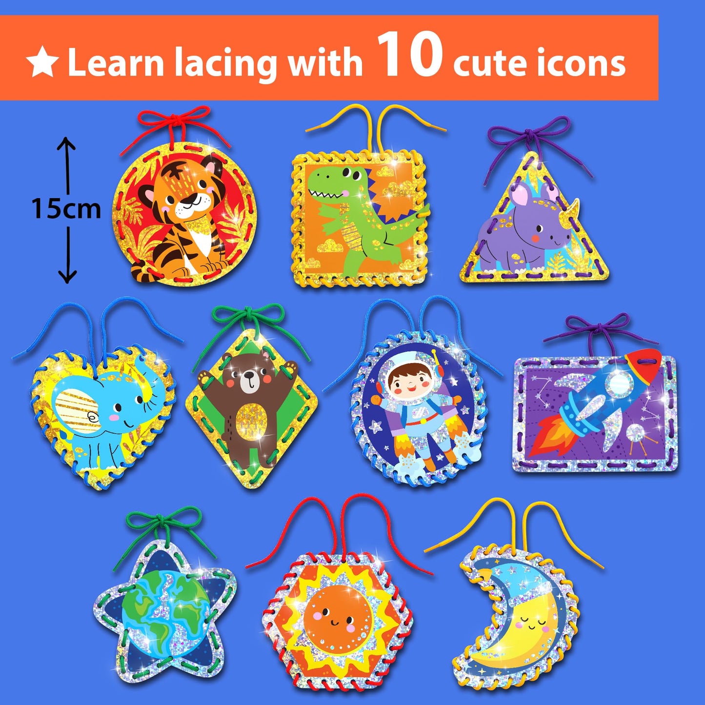 KRAFUN My First Lacing Cards for Boys & Girls Age 3+, 10 Holographic Space Animal Arts & Crafts Projects, Fine Motor Skills Toys with T-Rex Astronaut Rocket Tiger Elephant Dinosaur