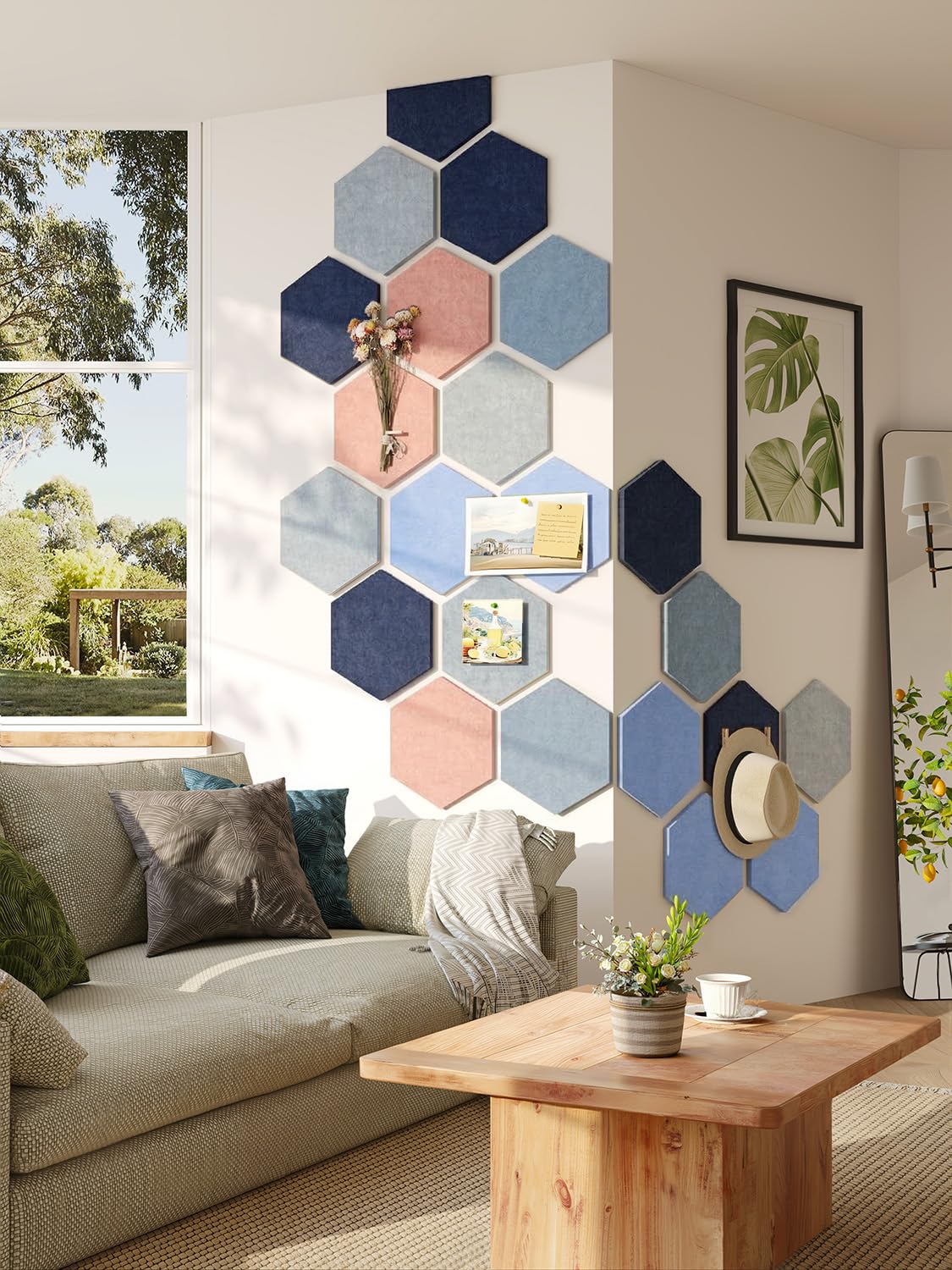 Uoisaiko 8 Pack Hexagon Felt Bulletin Board Tiles - 12" Large Thick Pin Board for Walls with 30 Push Pins, DIY Boards for Office Home School Decor, Aesthetic Hex Cork Board Alternative
