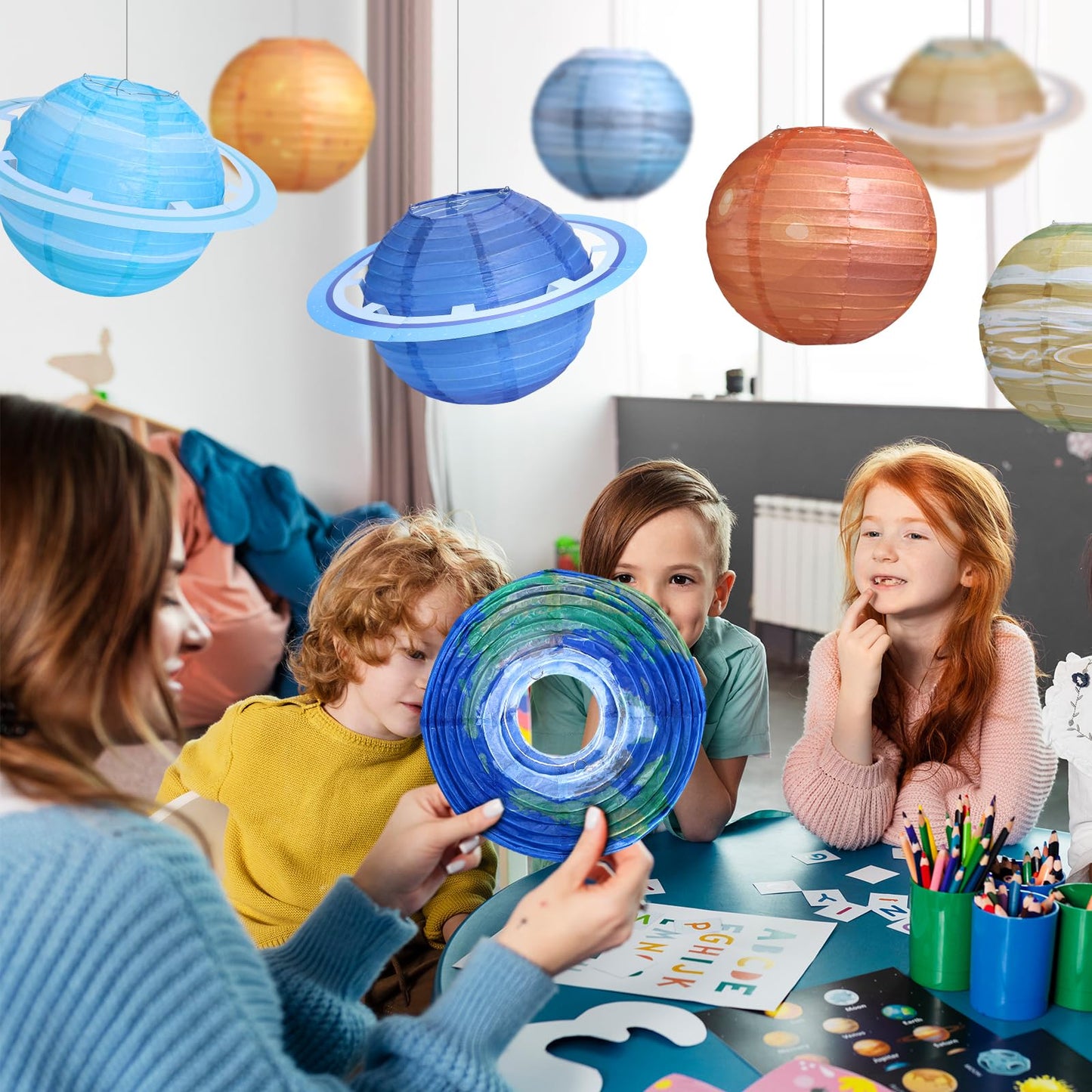 Fontien 8 pcs Planet Paper Lanterns,10 inch Outer Space Party Decorations, Solar System Hanging Paper Lanterns for Kids Birthday Baby Shower Science Classroom Home Decor