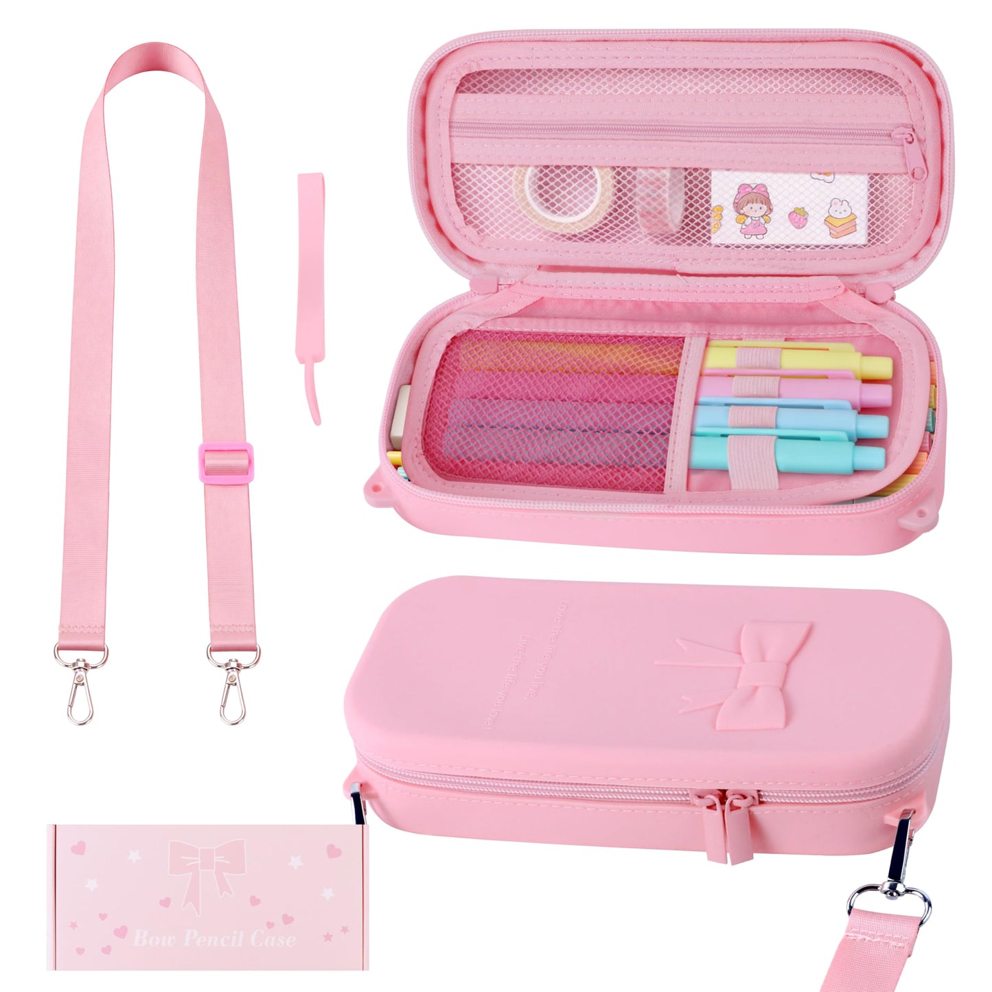 YAYAYOUNG Silicone Pink Bow Pencil Case with Hand strap & Shoulder Strap, Large Capacity Zipper Pen Pouch Organizer, Cute School Supplies for Teens Girls & Women