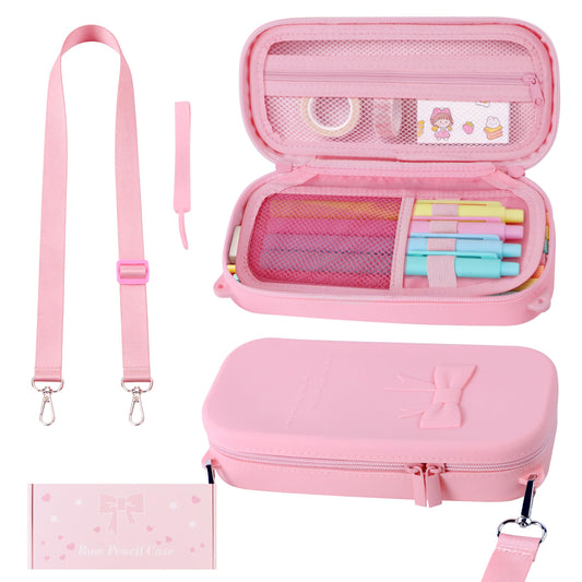 YAYAYOUNG Silicone Pink Bow Pencil Case with Hand strap & Shoulder Strap, Large Capacity Zipper Pen Pouch Organizer, Cute School Supplies for Teens Girls & Women