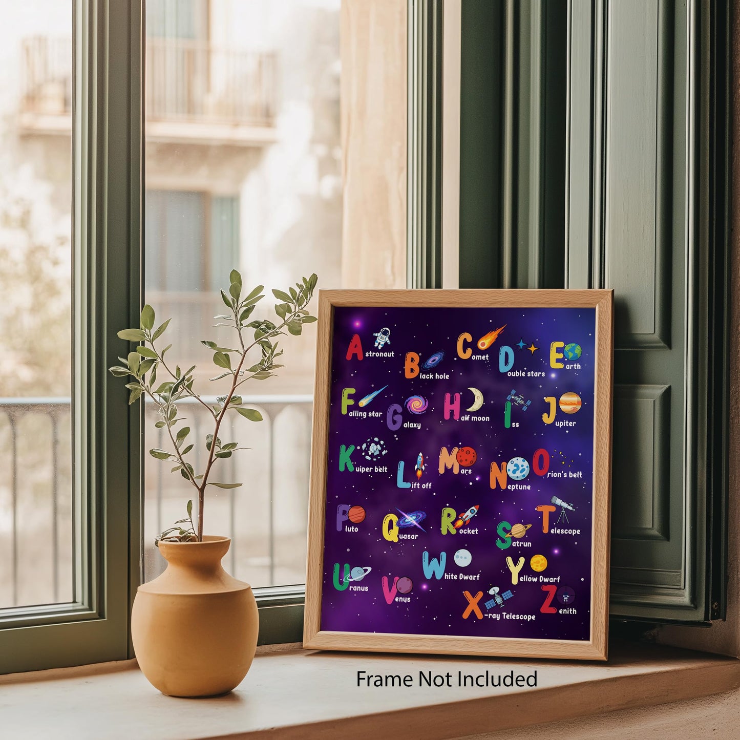 ZUKIY Alphabet Space Learning Poster - Space Alphabet Poster for Kids - Outer Room Decor - Abc Solar System Print for Toddler Boys or Girls Bedroom Nursery Classroom Homeschool Wall Art 8x10 Unframed