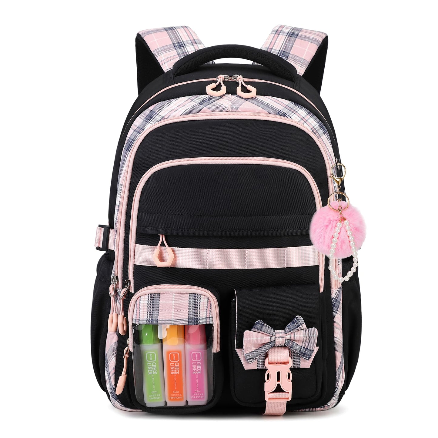 QIXIHU Girls Backpack, 17-Inch Bookbag for Middle & Elementary School, Kawaii Kids Backpack for Girls Ages 6-12(Black Pink)