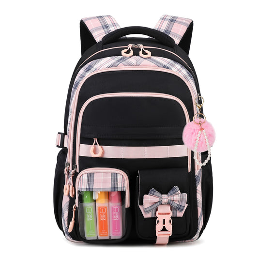 QIXIHU Girls Backpack, 17-Inch Bookbag for Middle & Elementary School, Kawaii Kids Backpack for Girls Ages 6-12(Black Pink)