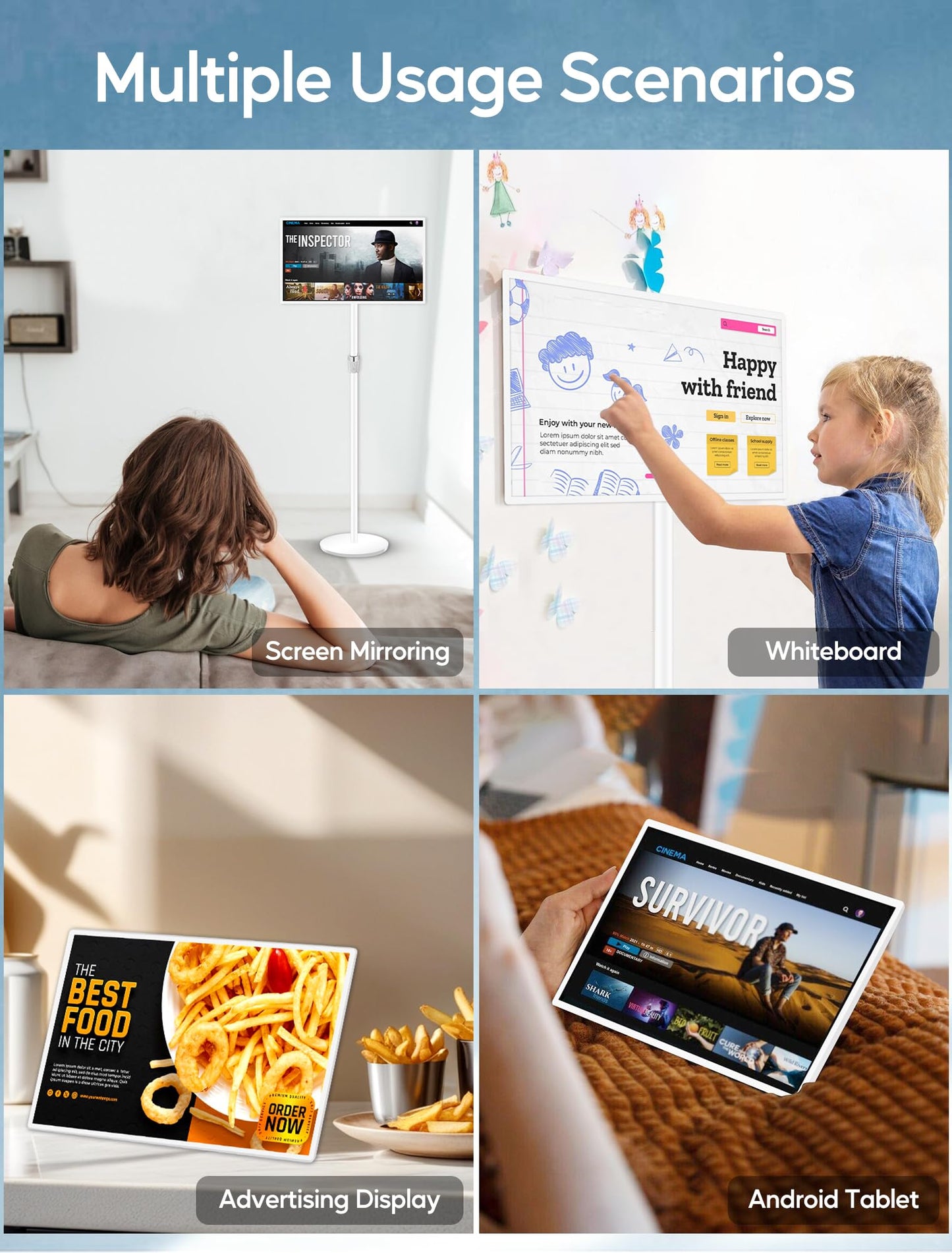 15.6" Digital Signage with 10000mAh Battery, Capacitive Touchscreen Advertising Display, Adjustable Stand, Android 13 Commercial LCD Monitor with Auto Play, Wireless Screen Mirroring, 4+64GB, White