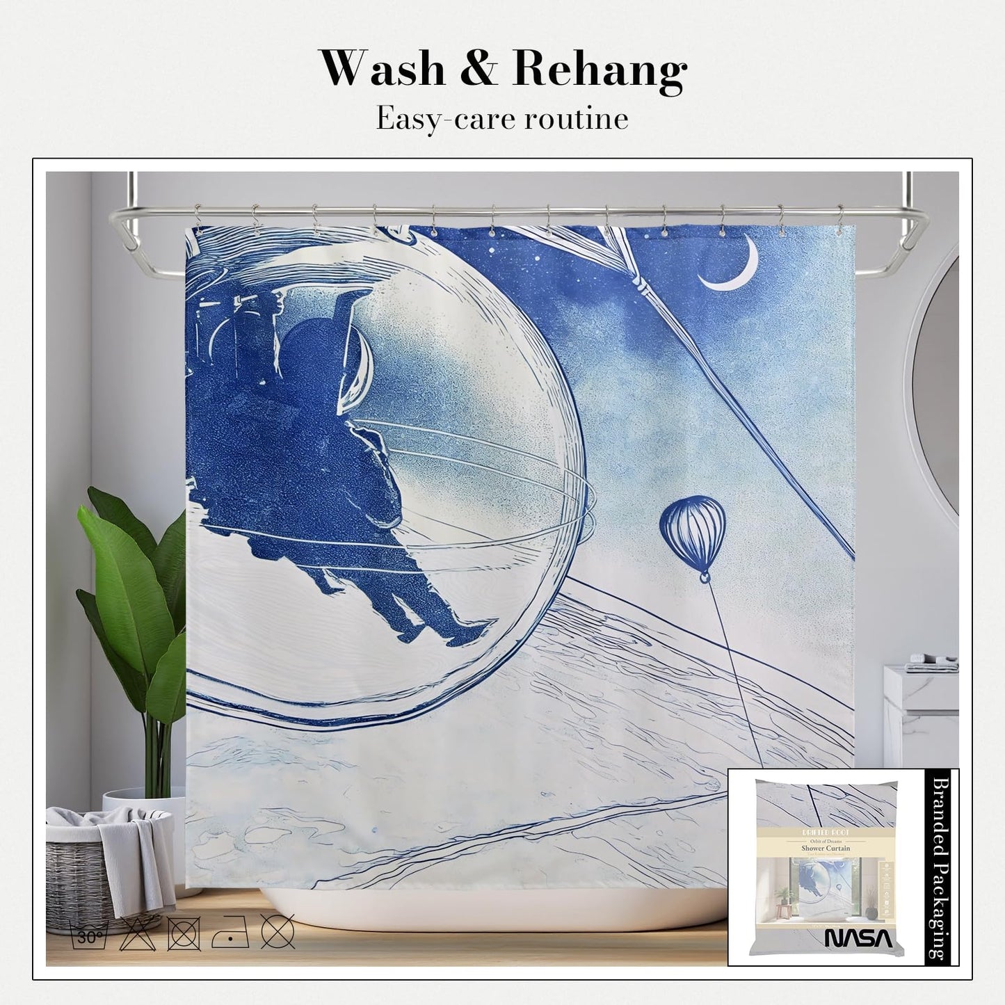 DRIFTED ROOT NASA Licensed Shower Curtain Set, Orbit Rings Galaxy and Spacecraft Design, Space Poster Art, Oxford Cloth, Bathroom Hotel Decor (Orbit of Dreams-White/Blue, 72" W x 72" L (Pack of 1))