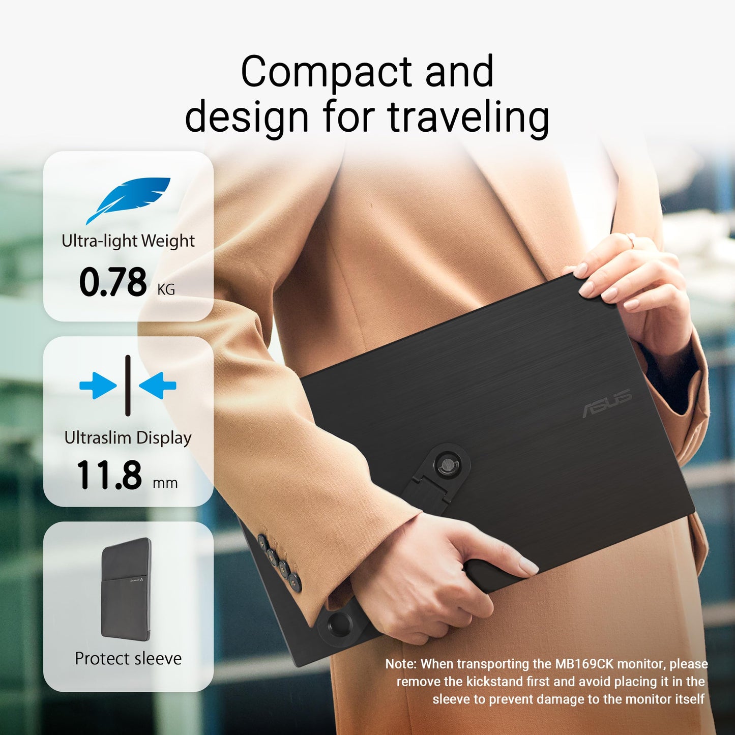 ASUS ZenScreen 15.6” Portable Monitor for Laptop (MB169CK) - Dual USB-C, Mini-HDMI, Plug & Play External Screen for Travel Dual Setup, Full HD, IPS, Anti-Glare Surface, 360° Kickstand, 3yr Warranty