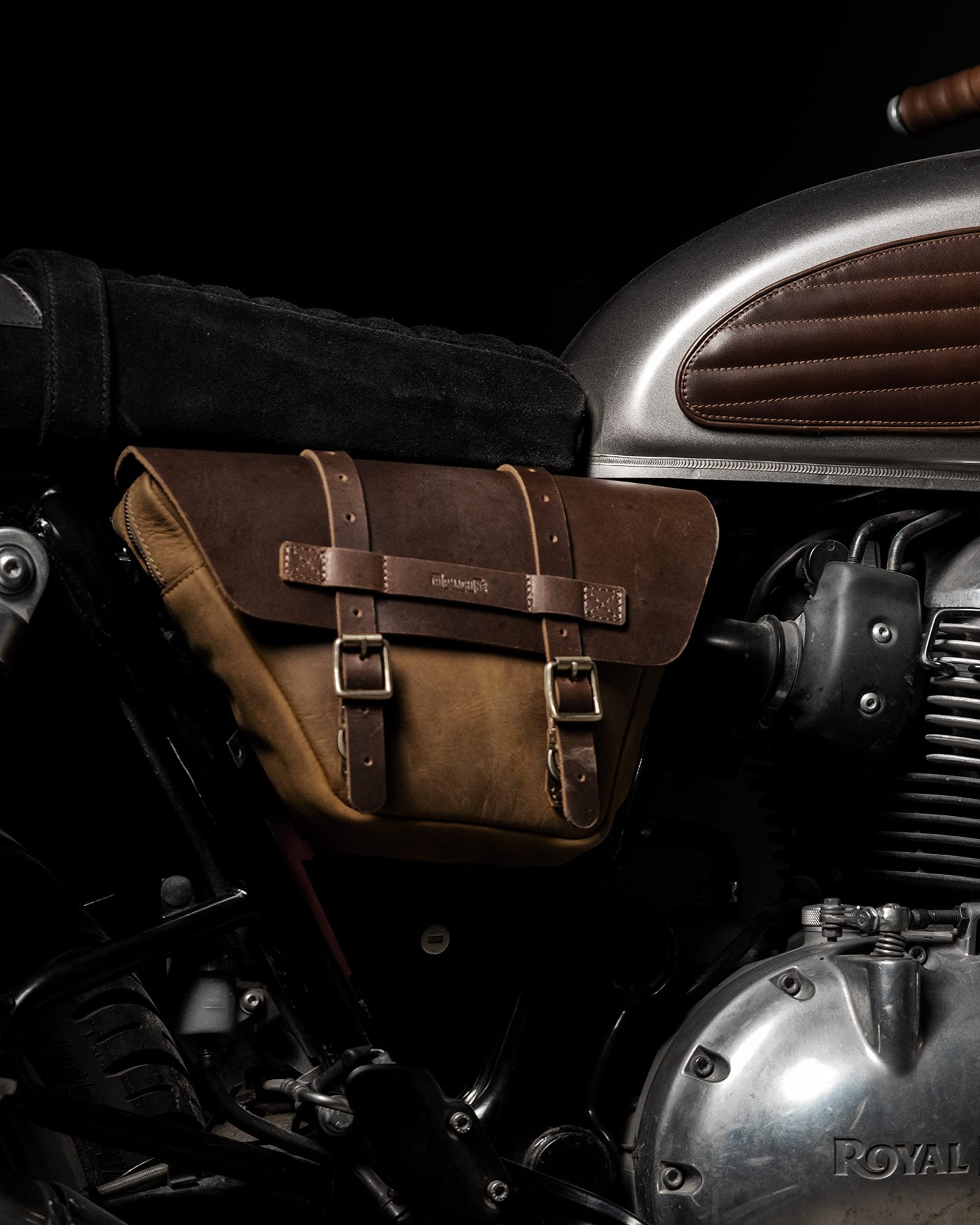 Trip Machine Company Wingman Leather Side Panel Bag for Royal Enfield Interceptor & Continental GT 650 – 3.5L Motorcycle Tool & Storage Bag with Raincover (Brown, Left Side)