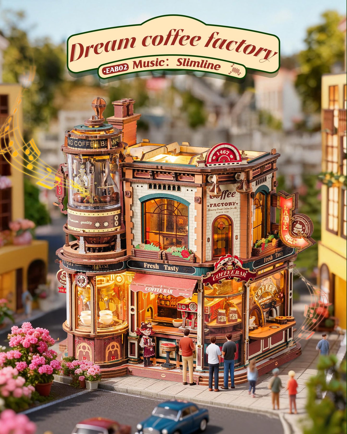 ROKR Dream Coffee Factory, Wooden Music Box Model, Mechanical 3D Wooden Puzzles for Adults, Building Kit with Moving LED Lights, Miniature House Kits, Desk Decor Gift