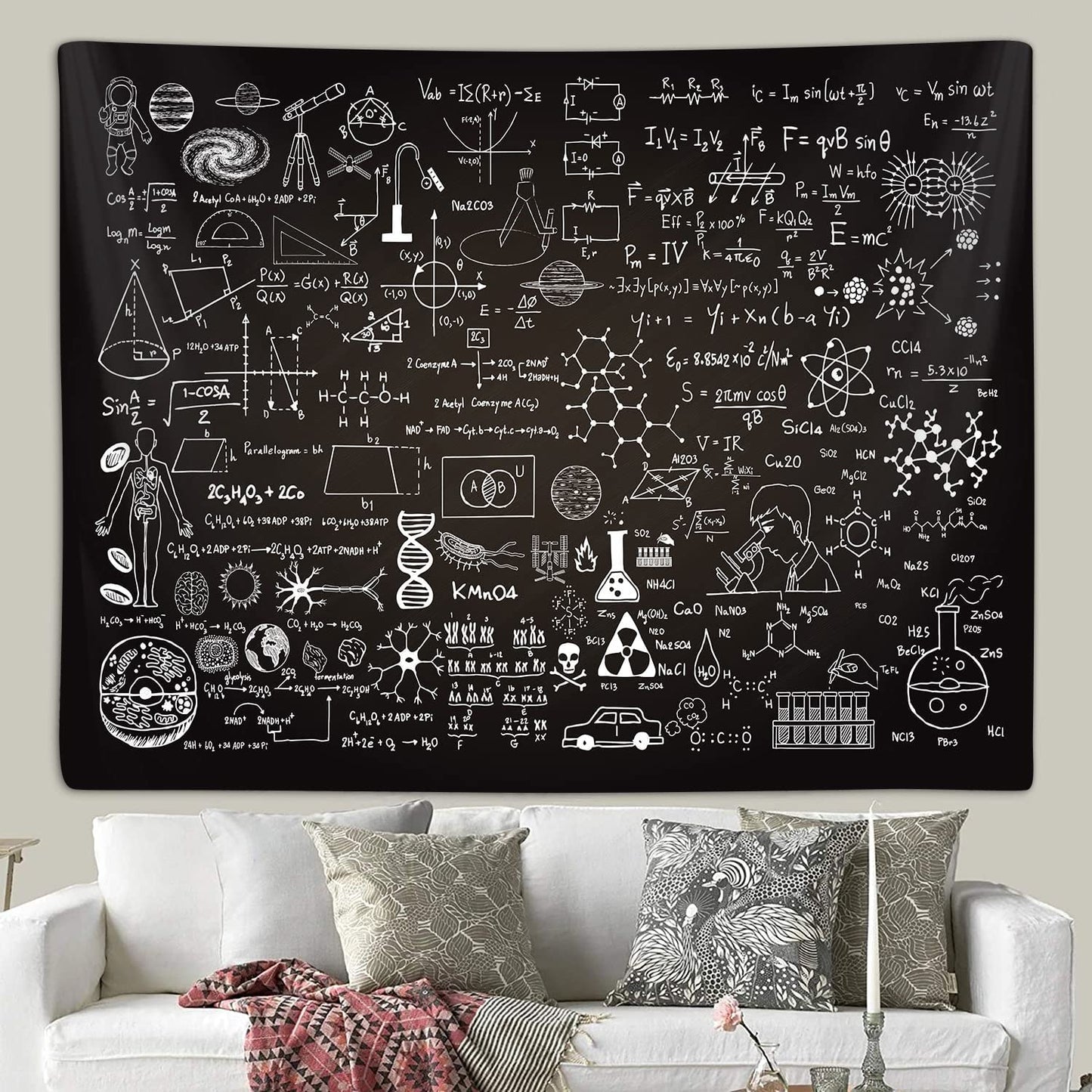 Extra Large Classroom Tapestry for Science Lab Backdrop Decorations, Math Science Theme Table Cloth Tapestries Wall Hanging for Bedroom Dorm Living Room School Decor 90X70" Education Poster Blanket