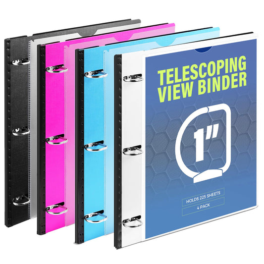 WOT I 4-Pack Telescoping 3 Ring Binder 1 Inch, Expandable Flexible Binder - Patented Design for Easy Portability, Holds 225 Sheets, Perfect for School, Office&Home Organization(Black+Pink+Blue+White)