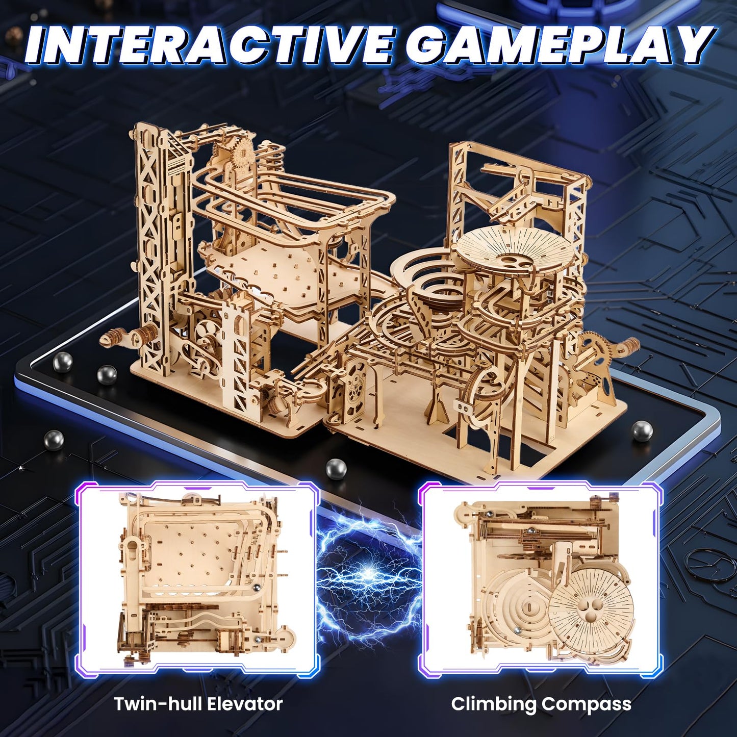 Uplike 3D Wooden Puzzles for Adults: 371pcs Wood Mechanical Marble Run Model Kits with Roller Coaster Building Set for Adults - 3D Brian Teaser Desk Toys Wooden Puzzles for Men Women Hobbies Gifts