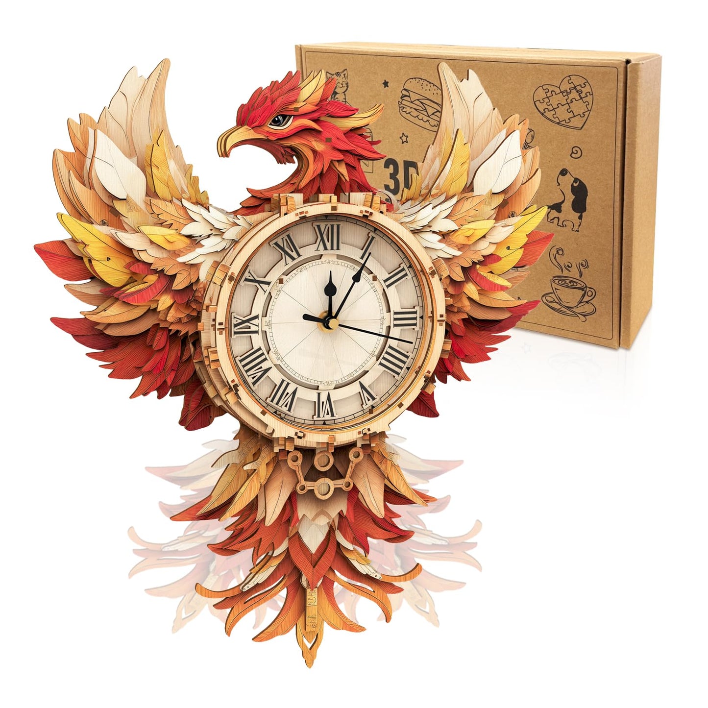 Cutywood 3D Puzzles for Adults Clock-Phoenix Design Model Kit-Mechanical DIY Pendulum Clock with Roman Numerals-Desk Home Office Decor Personalized Gift for DIY Lovers