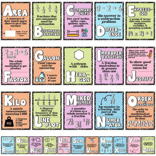 Eaasty 26 Pcs Composition Notebook Math Posters for Elementary School Retro Groovy Classroom Decor Math Alphabet Bulletin Board Classroom Decor for Elementary Teacher Must Haves (Pastel Composition)