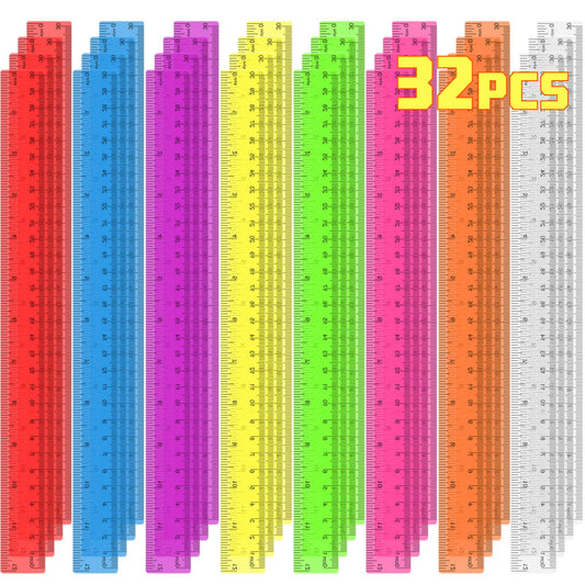 32 Pack Clear Plastic Rulers 12 Inch, Rulers Bulk for Classroom, Transparent Assorted Color Rulers with Inches & Centimeters, School Supplies for Students & Teachers, Back to School Essentials