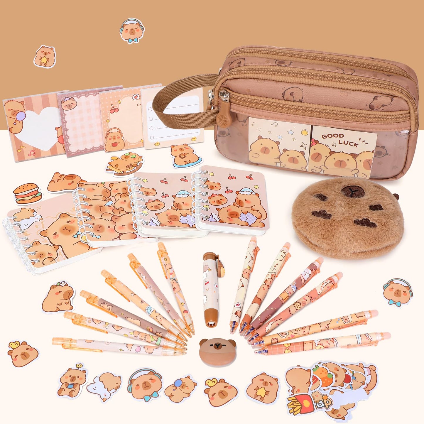 Similove Capybara Theme Backpack for School Girls, 35PCS Kids Backpack Set with School Supplies Stationery Kit Lunch Box Pencil Case, Cute Girls Bookbag for Kindergarten Elementary Student