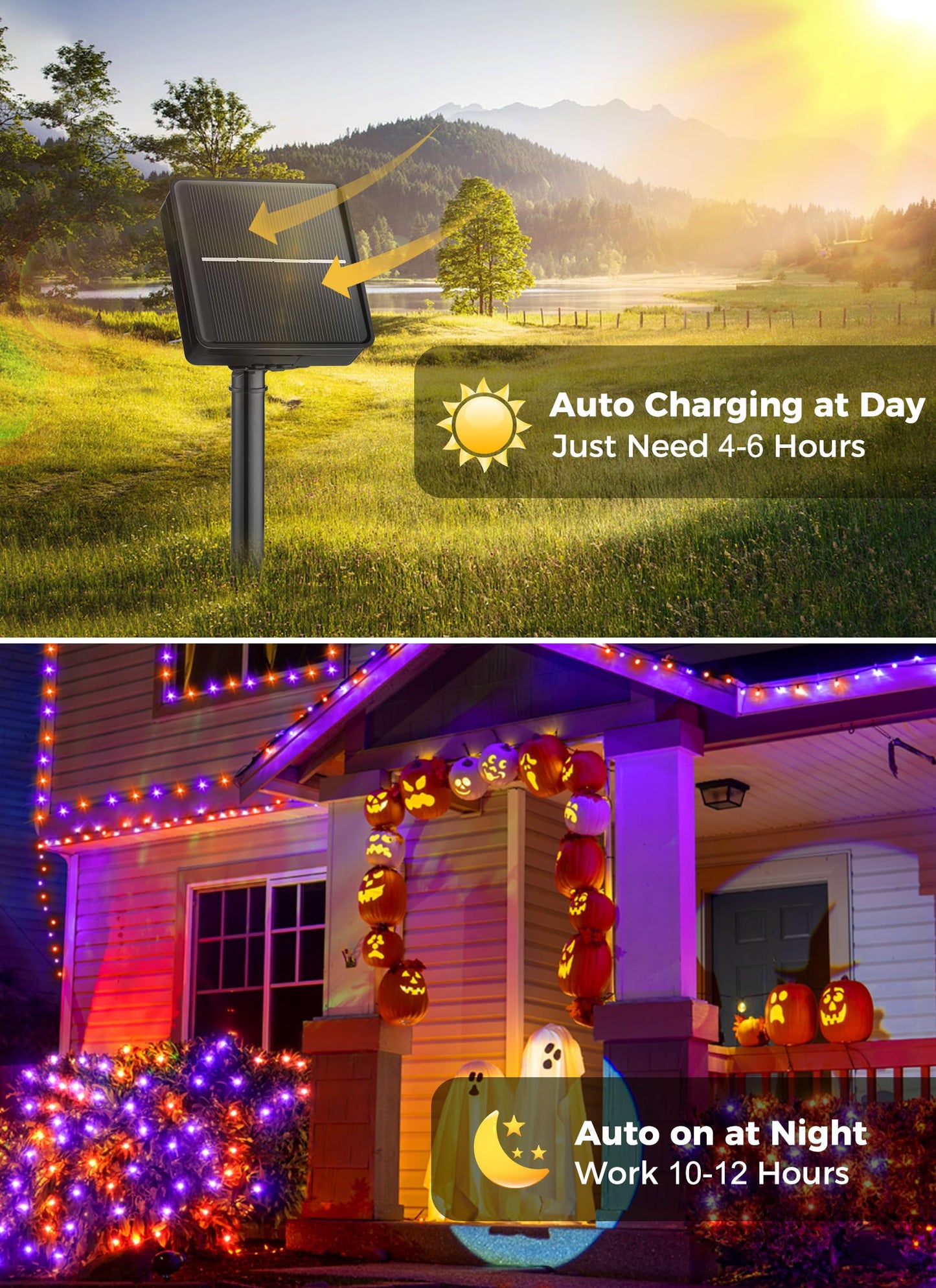 Minetom Halloween Solar String Lights - 400 LED, 8 Lighting Modes, IP65 Waterproof, 40 FT 4 Pack, Orange and Purple
