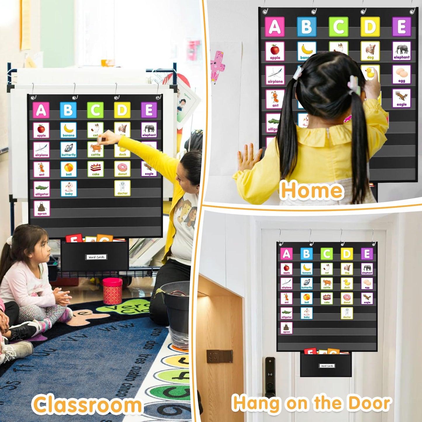 Standard Pocket Chart for Classroom 28"x28" Large 7 Pocket Charts with Card Storage Bag Sentence Strip Holder for Word Wall, Sight Words, Cards, Calendar, Daily Visual Schedule (Black)