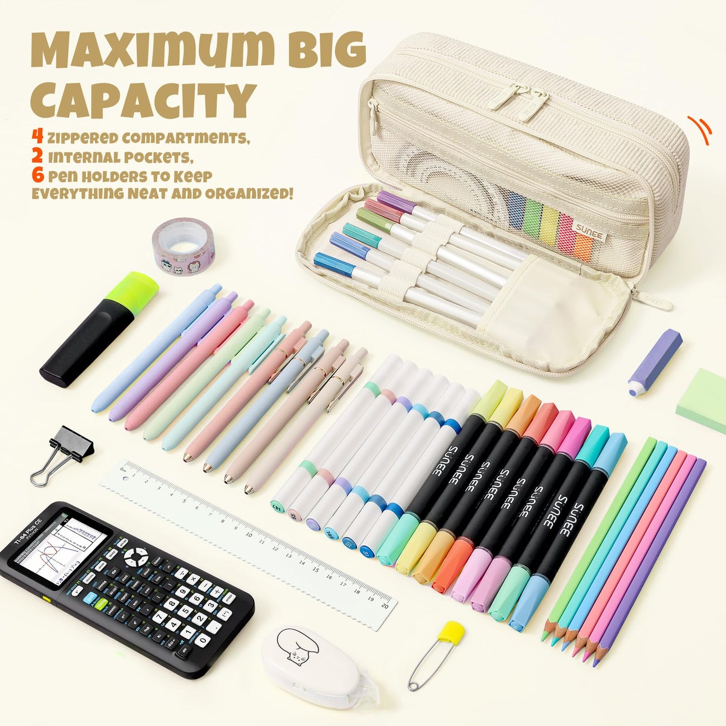 SUNEE Pencil Case, Large Capacity Pencil Pouch, Aesthetic Big Pen Bag, Soft Corduroy Fabric Pen Box for Office Stationery Organizer School Supplies Multifunctional for Teen Boys Girls Women Men, Cream