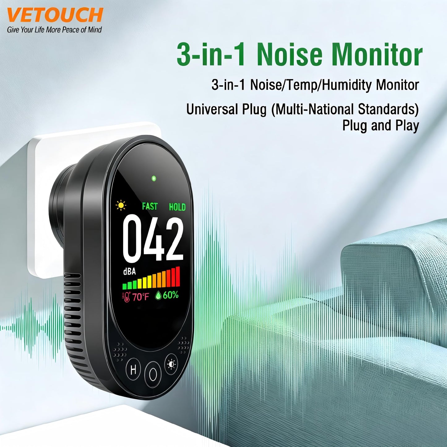 VETOUCH Plug-in Noise Meter Digital Sound Level, 3 in 1 Decibel Meter with Temp Humidity, 30-130dB Portable SPL, AC Powered, Data Hold, Max Min, Fast/Slow, 1.83" LCD, Meter for Home RV