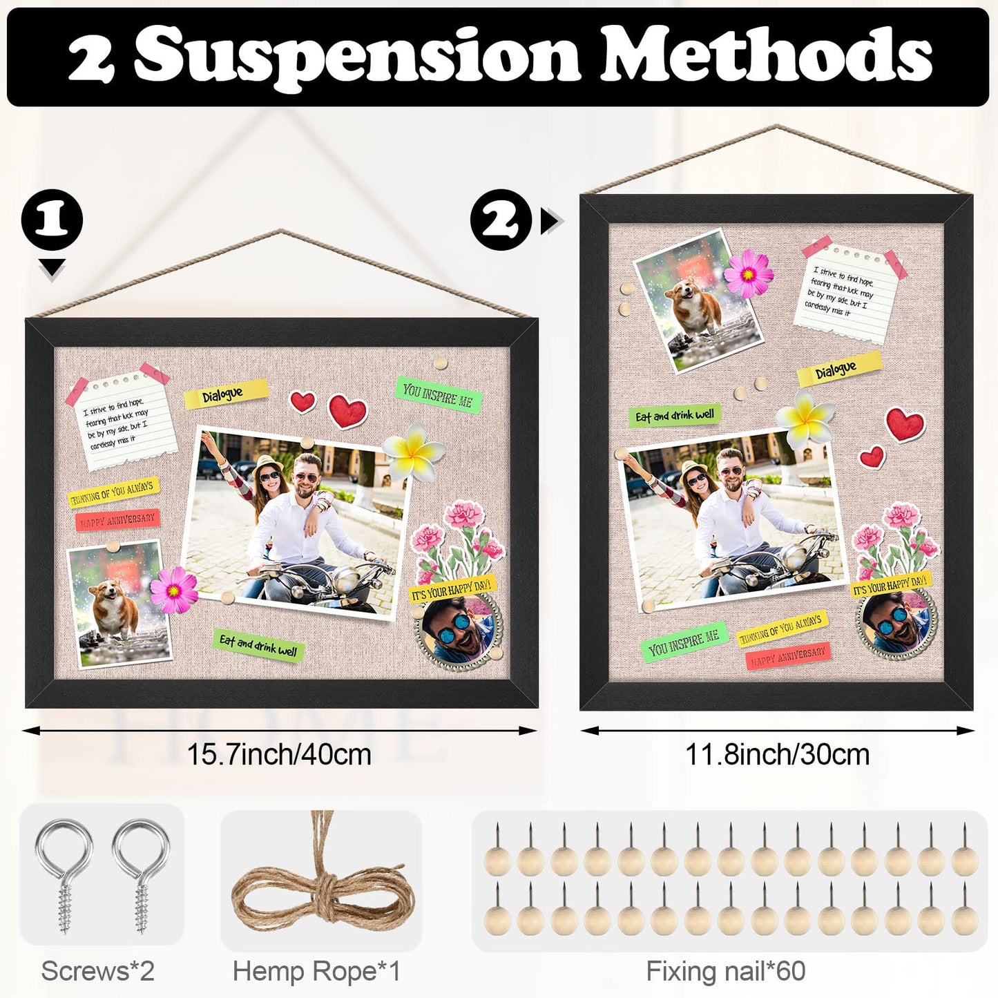 Teling 6 Pack Wood Bulletin Boards with Linen 12''x 16'' Cork Board for Walls with 60 Pushpin Decorative Wood Framed Display for Classroom School Office Bedroom (Black)