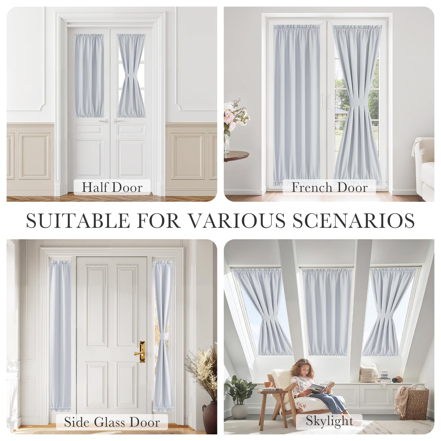 PONY DANCE Greyish White Back Door Curtains for Door Window, 100% Blackout Dual Rod Pocket Privacy French Curtain for Kitchen, Thermal Insulated Small Window Drapes for Classroom, W25 x L40, 1 Panel
