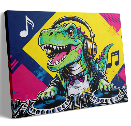 16x24 Pop DJ Dinosaur Canvas Wall Art Prints, Graffiti T-Rex Music Decor with Headphone & Turntable, Colorful Wall Painting for Teen Boy/Kids Bedroom, Child Home Painting Vibrant Hanging Game Poster
