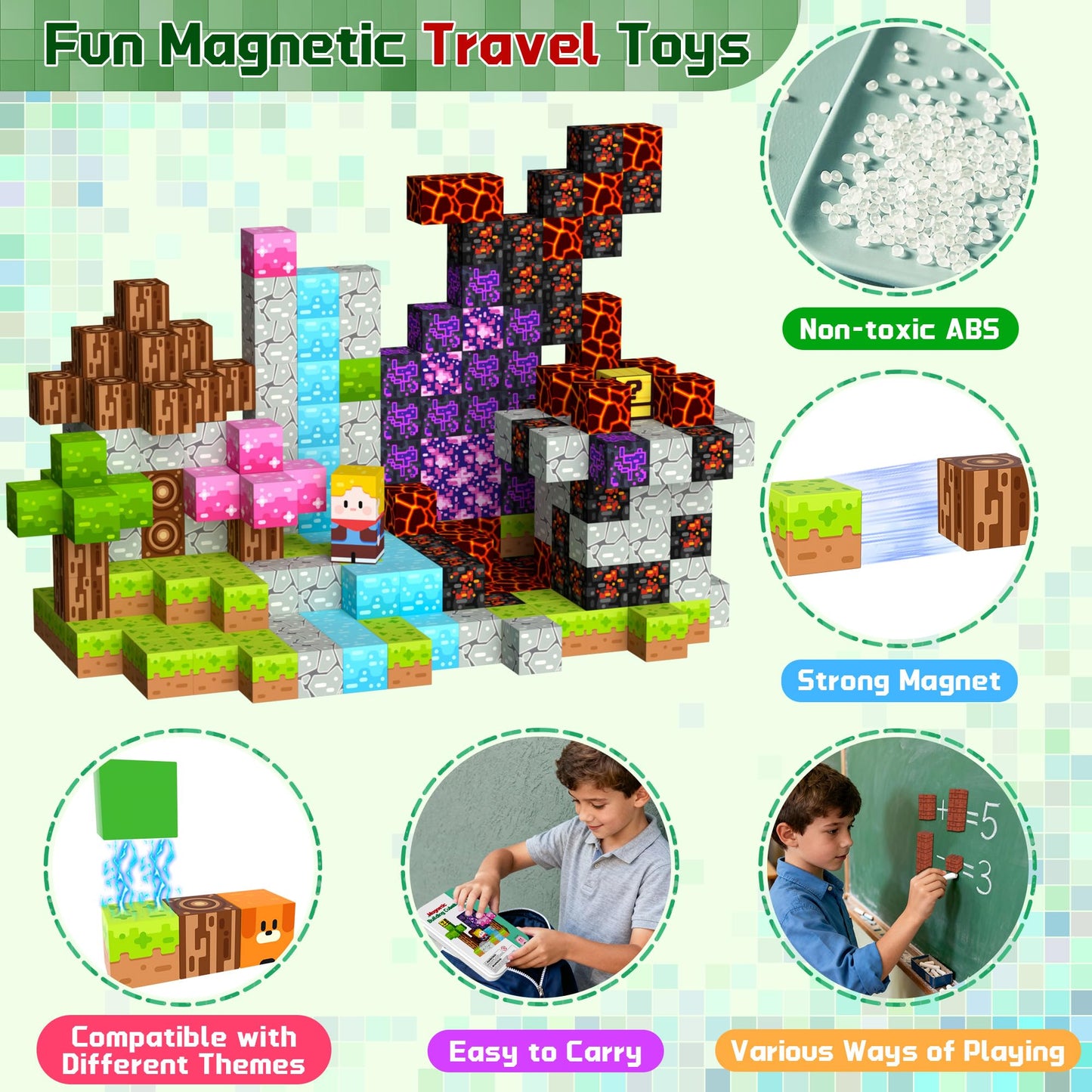 OUGUI 60PCS Mini Magnetic Blocks Travel Toys for Kids Ages 4-8: Magnet Building Blocks Magnetic Cubes with Iron Box STEM Educational Building Toys Christmas Birthday Gift for Boys Girls Toddlers Kids