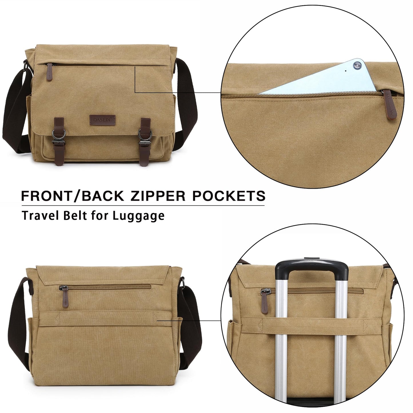 Dasein Large Vintage Canvas Messenger Shoulder Bag, Beige, 15in Laptop