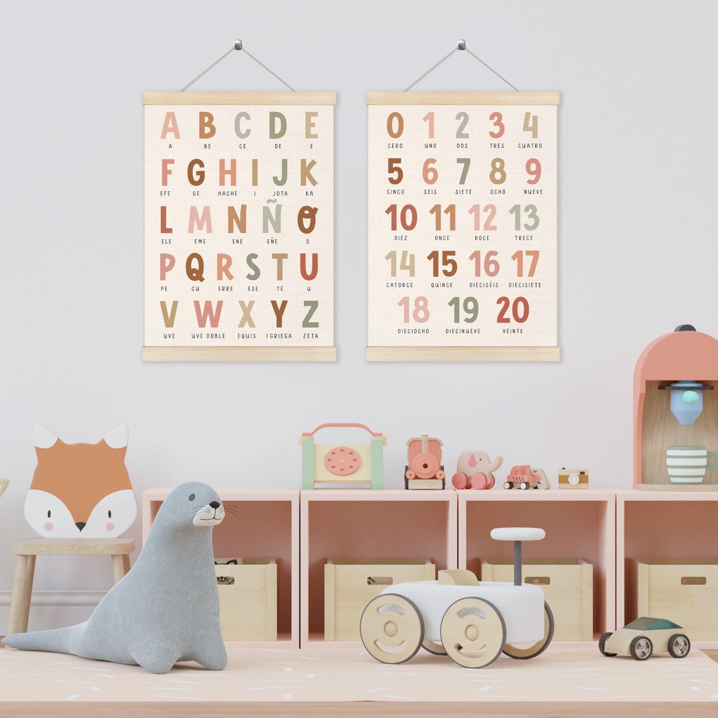 Alphabet Numbers Poster Hanger Frame Set of 2, Nursery Wall Decor, Boho ABC Poster Wall Art with Wooden Frames, Alphabet Banner Wall Hanging Decor for Boy Toddler Room Playroom, 12x16 Inch
