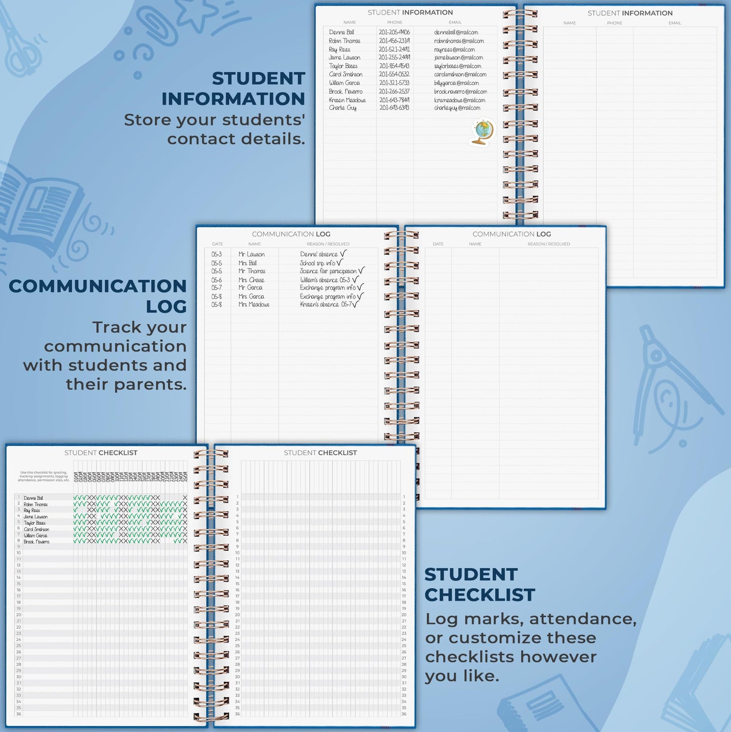 Clever Fox Teacher Planner Spiral – School Year Planner with Calendars & Lesson Plans – Teacher Plan Book for Classroom & Homeschool Organization - Undated, 7.9x10″ (Mystic Blue)