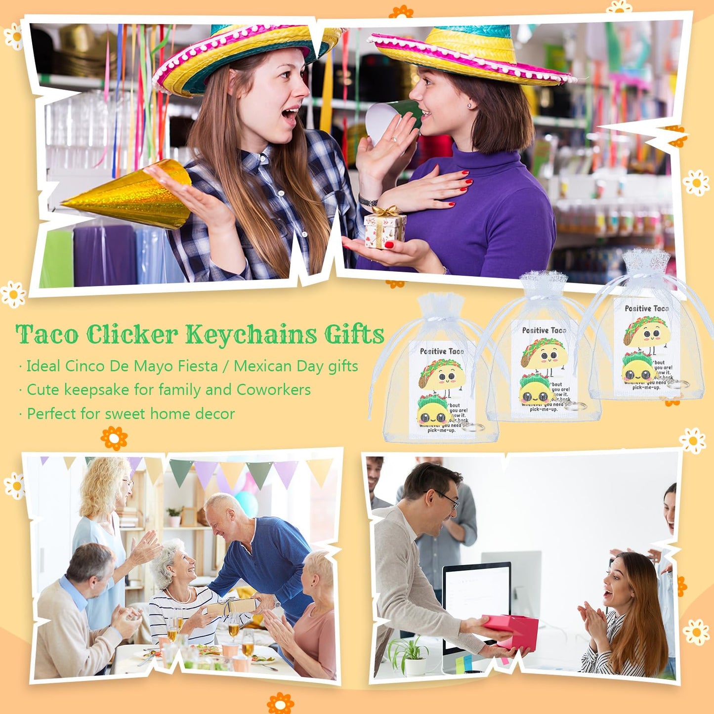 Junkin 24 Sets Taco Clicker Fidget Keychain 3D Printed Clicker Fidget Decompression Button Stress Relief Gifts with Positive Cards for Graduation Employee Coworker Staff Team Nurse Teacher
