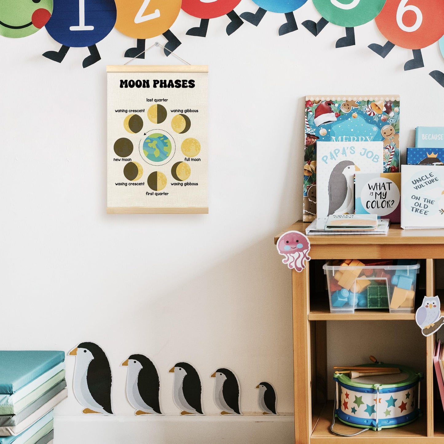 TLESKE Boho Classroom Moon Phases Chart Poster Hanger Frame for Kids, Homeschool Hanging Wall Art Room Decor for Toddlers Nursery Playroom, Preschool Prek Learning Educational Poster Prints, 12x16