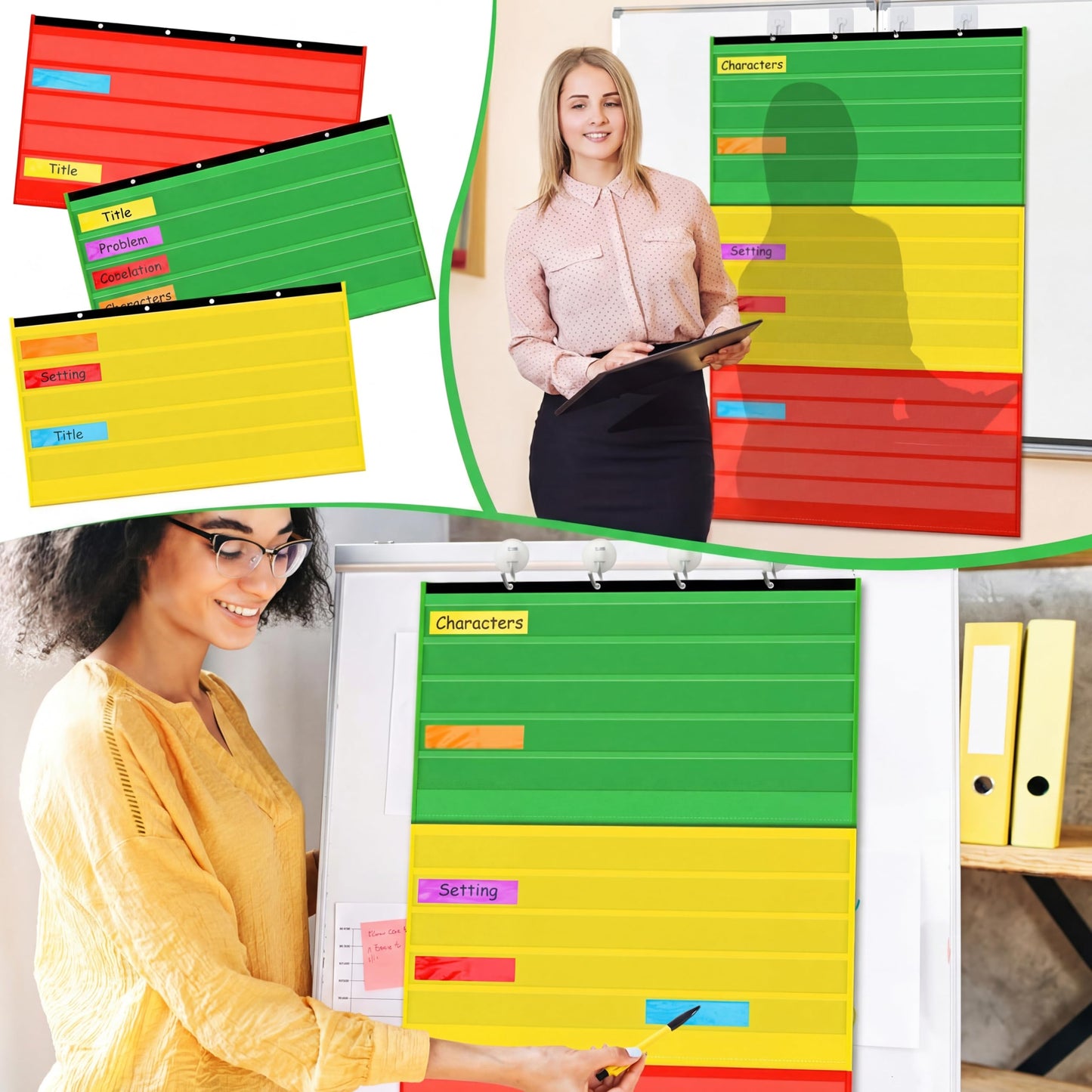 Kosiz 2 Packs Adjustable Pocket Chart Behavior Job Chart with 60 Pcs Labels Multi Purpose Educational and Organizational Pocket Tool for Teacher Home Supply