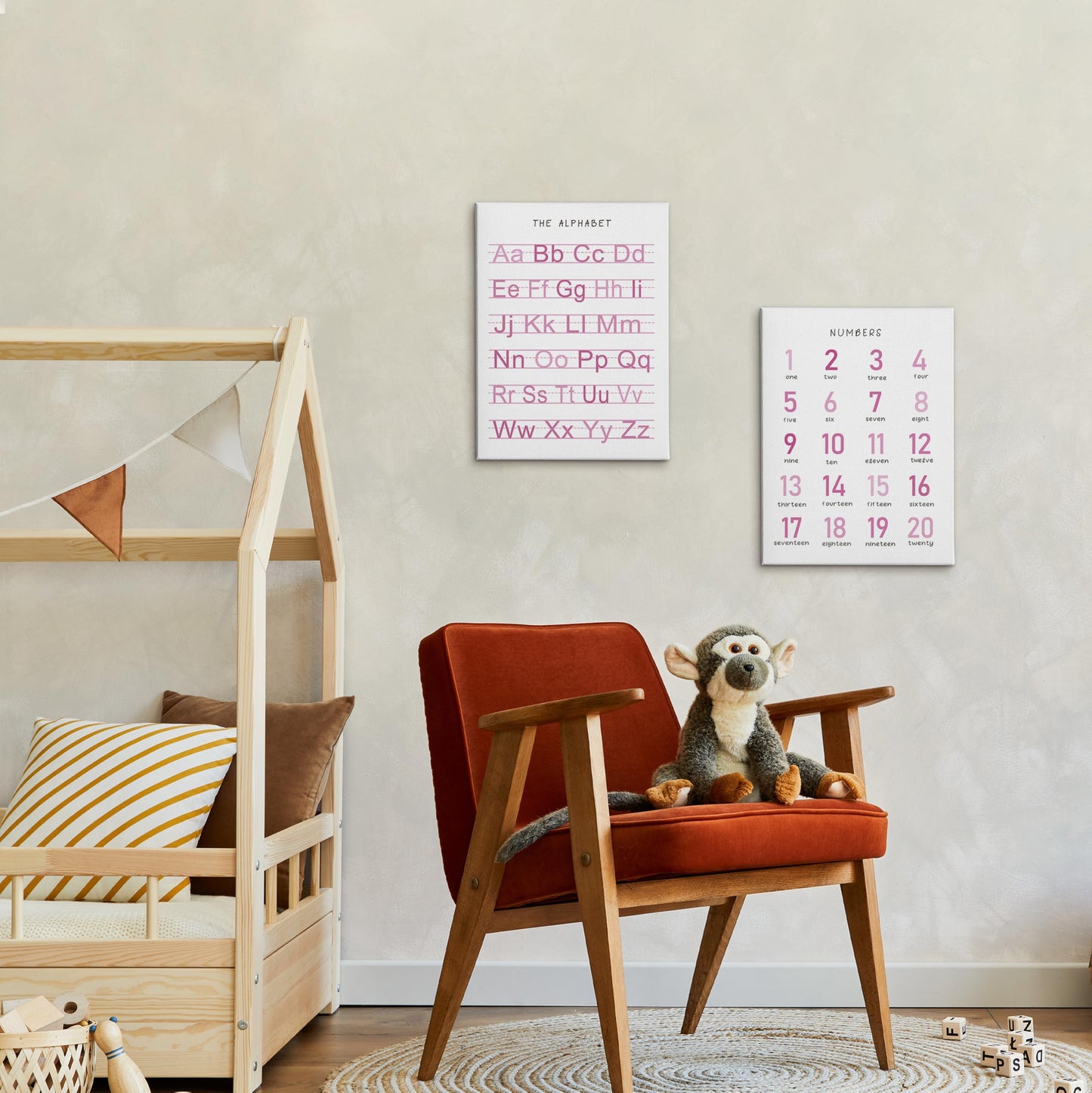 HRQKO Alphabet Numbers Nursery Canvas Wall Art Set of 2, Pink Kids Room Decor Framed Art, ABC Numbers Educational Posters Wall Decor for Classroom Toddler Kids Nursery Bedroom Playroom, 11x14 inch