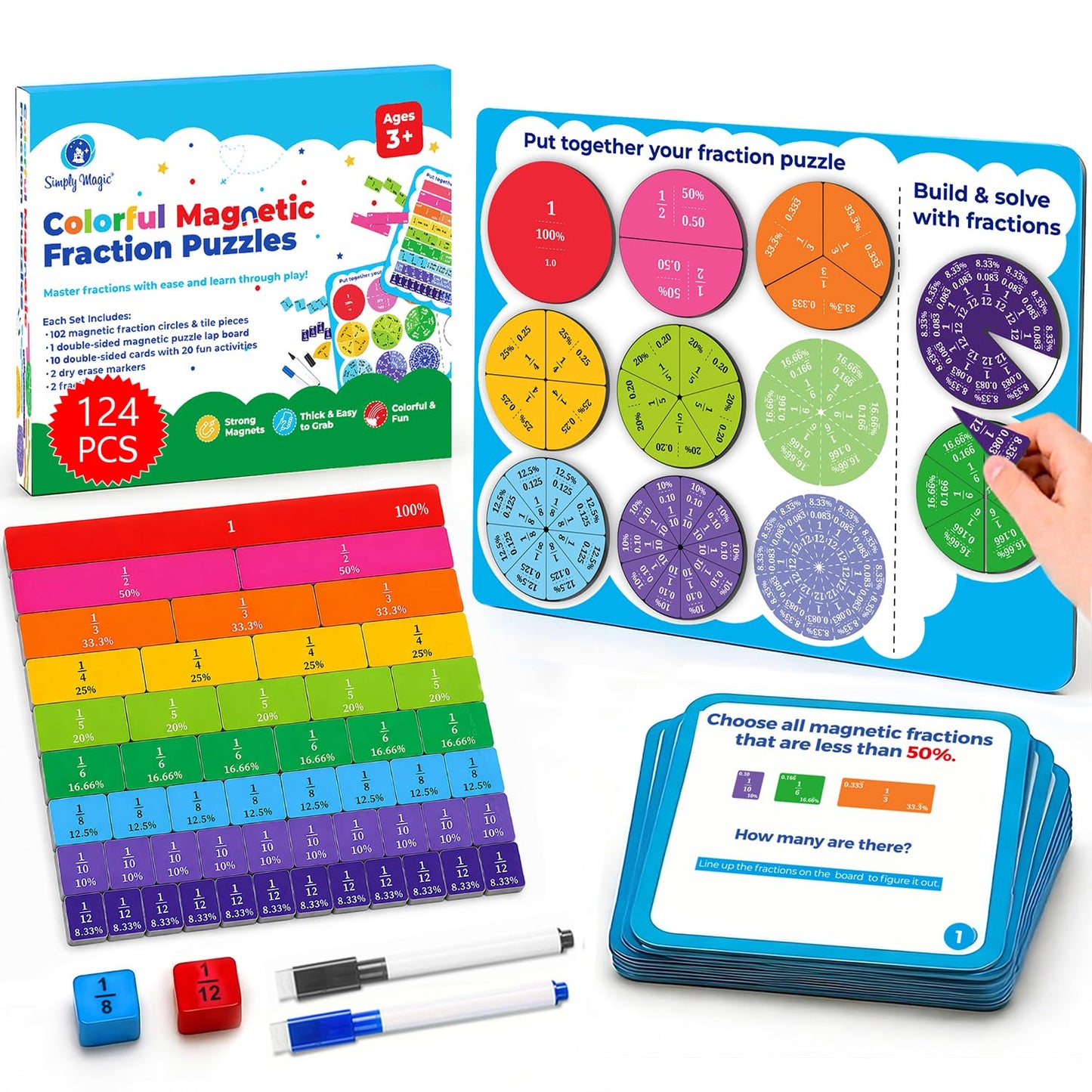 Simply magic 117 PCS Magnetic Fraction Puzzle with Tiles & Circles - Educational Fraction Magnets, Strips, Fraction Manipulatives with Decimals & Percentages for Elementary School & Homeschool
